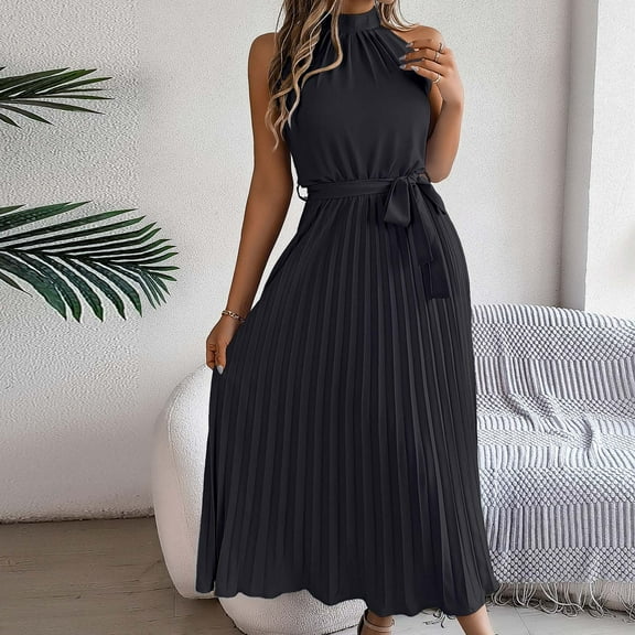 XWSHYW Holiday Clothes Sexy Sleeveless Loose Fit Beach Long Dress Plus Size Solid Color Crew Neck Holiday Party Dresses