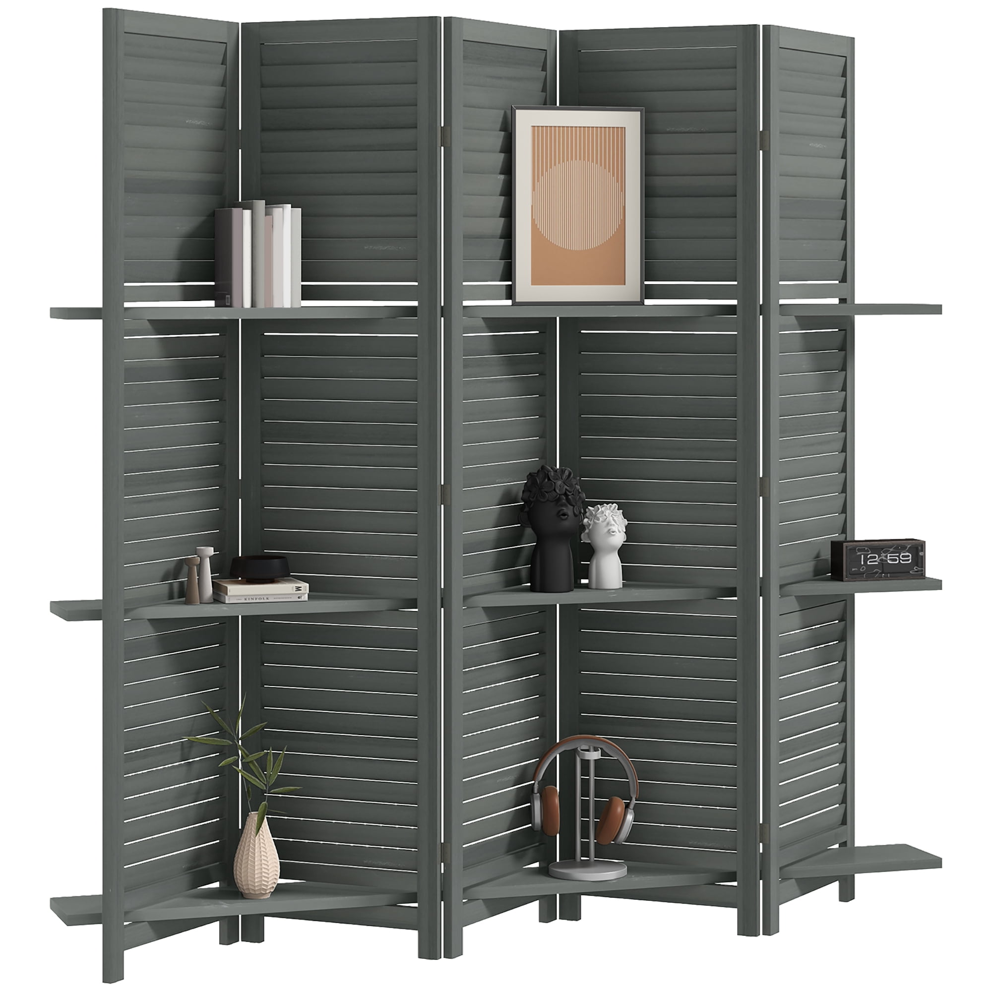 HOMCOM 5 Panel 67" Tall Wood Privacy Screen Room Divider with 3 Display Shelves, and Folding Storage for Bedroom or Home Office, Gray