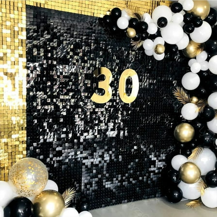 36pcs Black Shimmer Wall Panels 6x6FT Mirror Black Sequin Backdrop Panels for Birthday Anniversary Wedding New Year Party Decor