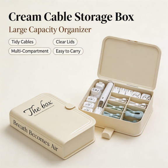 Cable Organizer Box, Cream White Cord Storage Box with Cable Ties for Chargers and Earphones, Desk Cable Management Container, 1 Pack