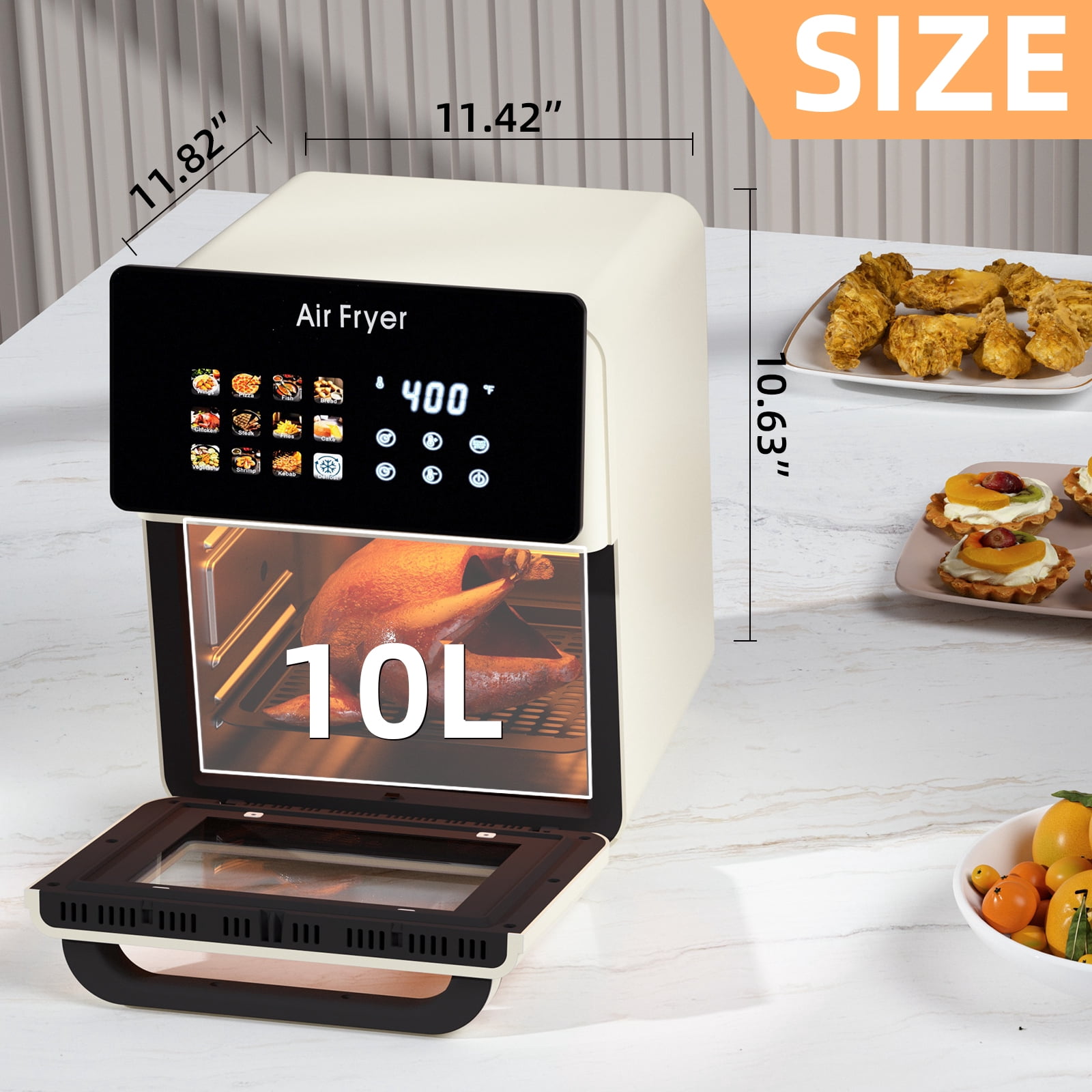 AboveMoon 10L Large Air Fryer Oven With Grill Combo For Kitchen Countertop Use,12 in 1 Smart Convection Ovens,AirFryer With Glass View Window,Nonstick Basket,Fryer Liners,Removable Door-White