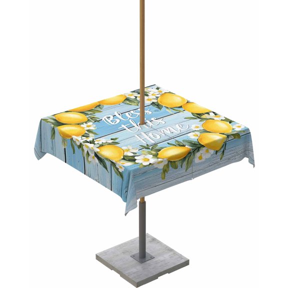 Hokiten Outdoor Tablecloths with Umbrella Hole & Zipper, Lemon Wreath 54x54 Inch Square Tablecloths, Farmhouse Blue Wooden Floral Waterproof Table Cloth, Patio/Pool/Picnic Table Covers
