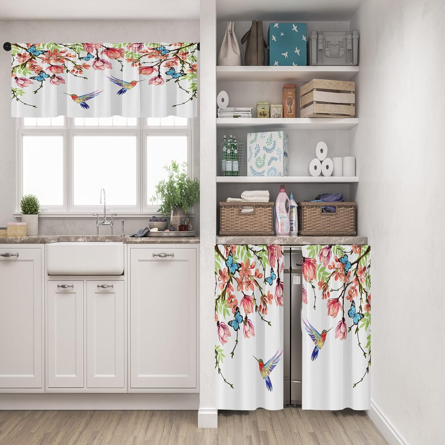 Flower Bird Kitchen Curtains Spring Butterfly Window Curtains Valance and Tier Set of 3, Watercolor Pink Botanical Short Tier Curtain, Floral Small Cafe Curtains for Kitchen Decor 52" x 24"