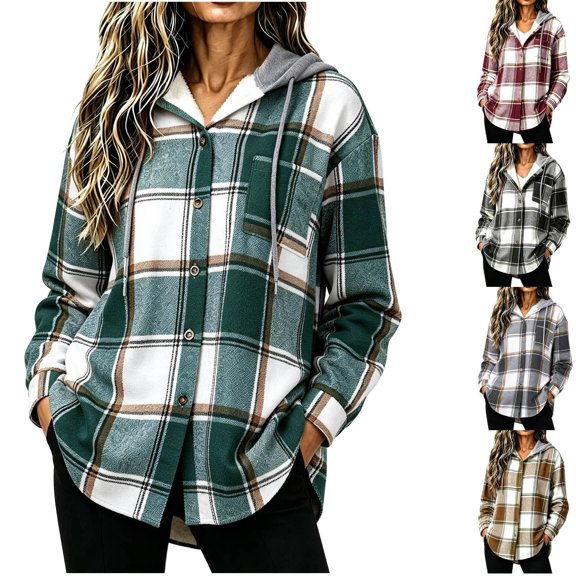 Women Vintage Plaid Hooded Jacket, Long Sleeve Button‑Down Casual Loose Overshirt Outerwear with Pockets for Fall Winter
