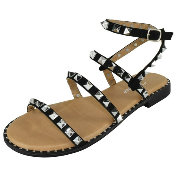 Forever Shoes Women Gladiator Sandals Studded Ankle Strap Flat Buckle up DING-28 Black 5