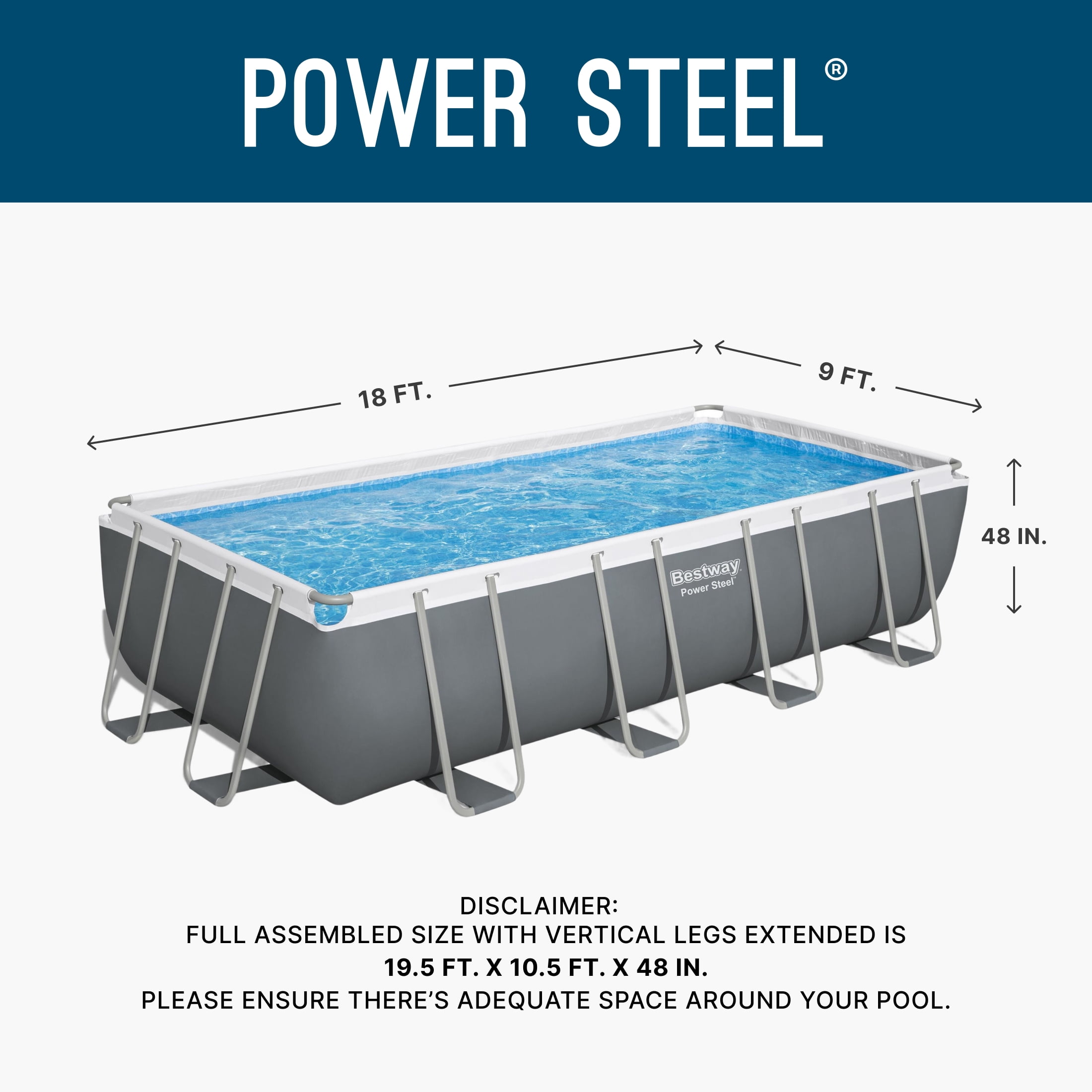 Bestway Power Steel 18’ x 9' x 48” Metal Frame Above Ground Pool, Gray