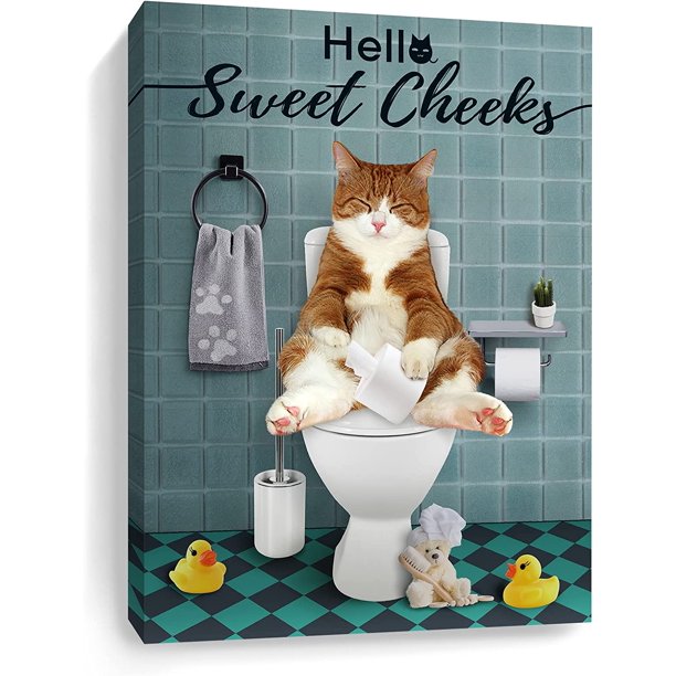 Cute Cat Toilet Paper Bathroom Wall Decor 12x16 Inch Funny Cats Wall