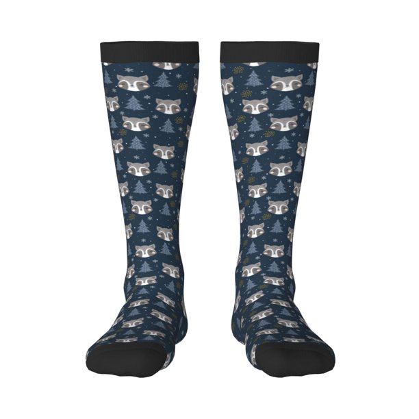 Fotbe Cute Christmas Tree Raccoon Calcetas Divertidas Estampadas para Hombre y Mujer, Calcetas de Algodón hasta la Rodilla para Caminar, Correr, Enfermería y Embarazo