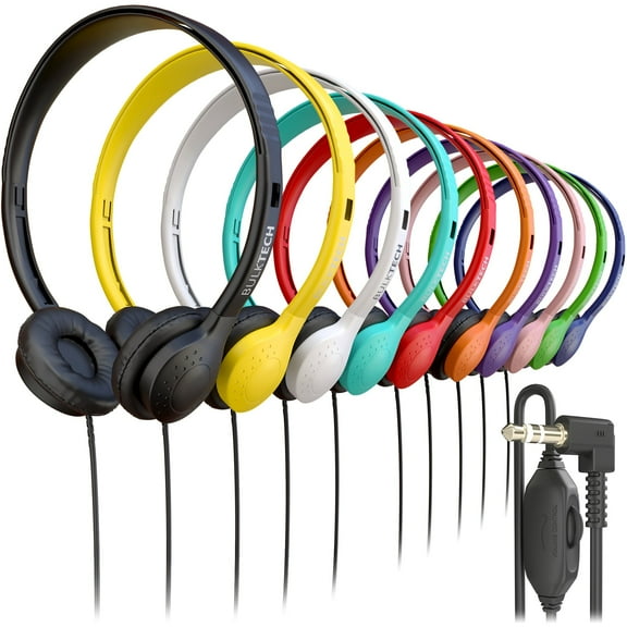 Bulktech Wired On-Ear Leather Headphones with 3.5mm Connector and Remote Control for Volume, Bulk Wholesale, 40 Pack, Assorted Colors