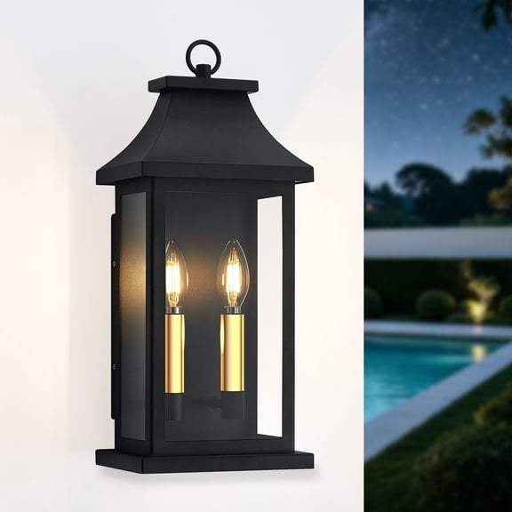 18'' Large Outdoor Wall Light, Porch Light Outdoor Wall Sconce Lantern, 2-Light Black Exterior Lighting Fixture Wall Mount, Outside Light for House Garage, 1-Pack