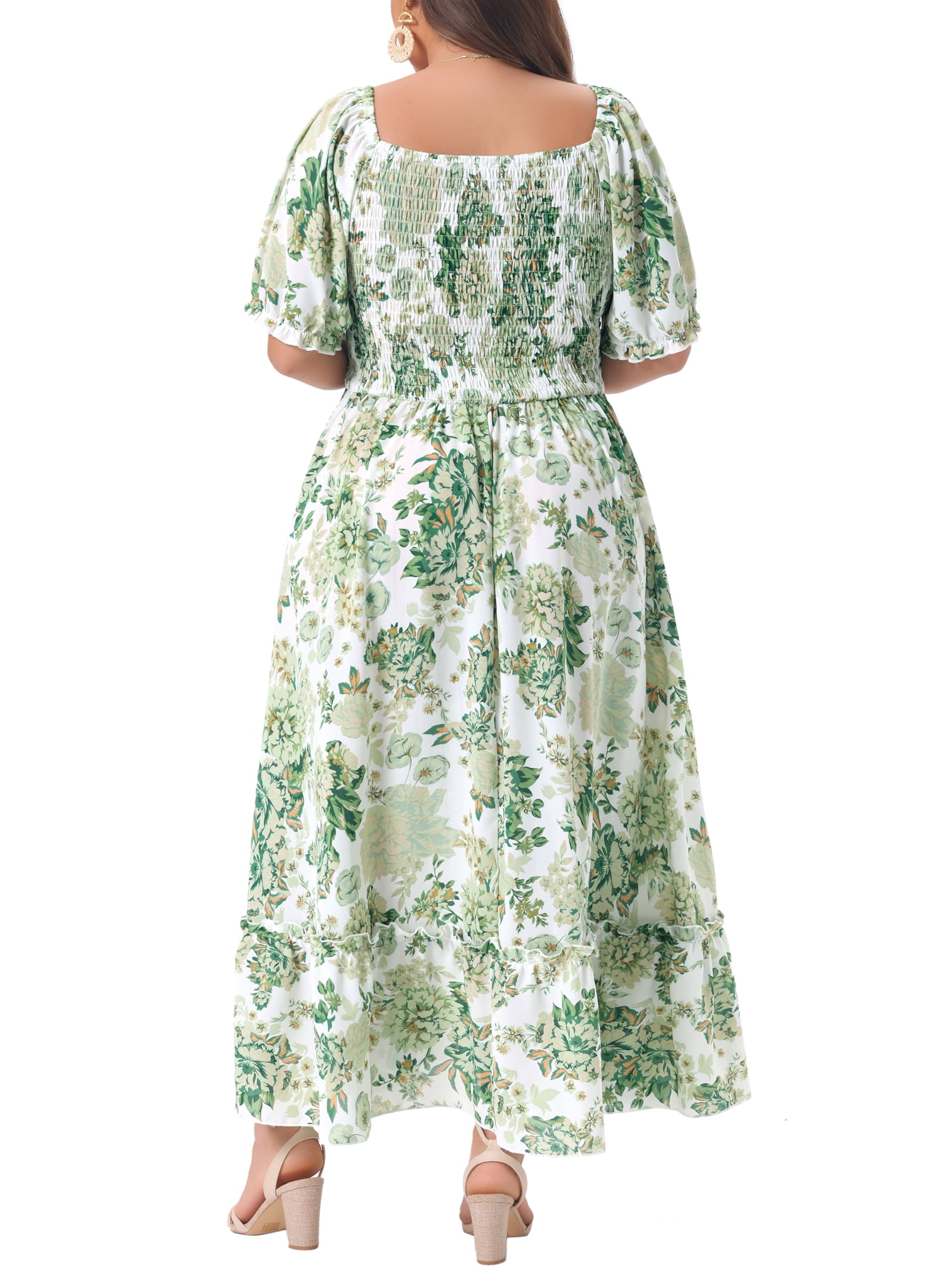 DARING DIVA Women's Plus Size Short Sleeve Square Neck Maxi Floral Dress 3X Green