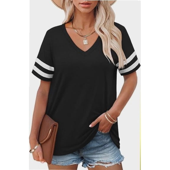 Casual V Neck Loose Fit Women Summer Short Sleeve Tunic Tops
