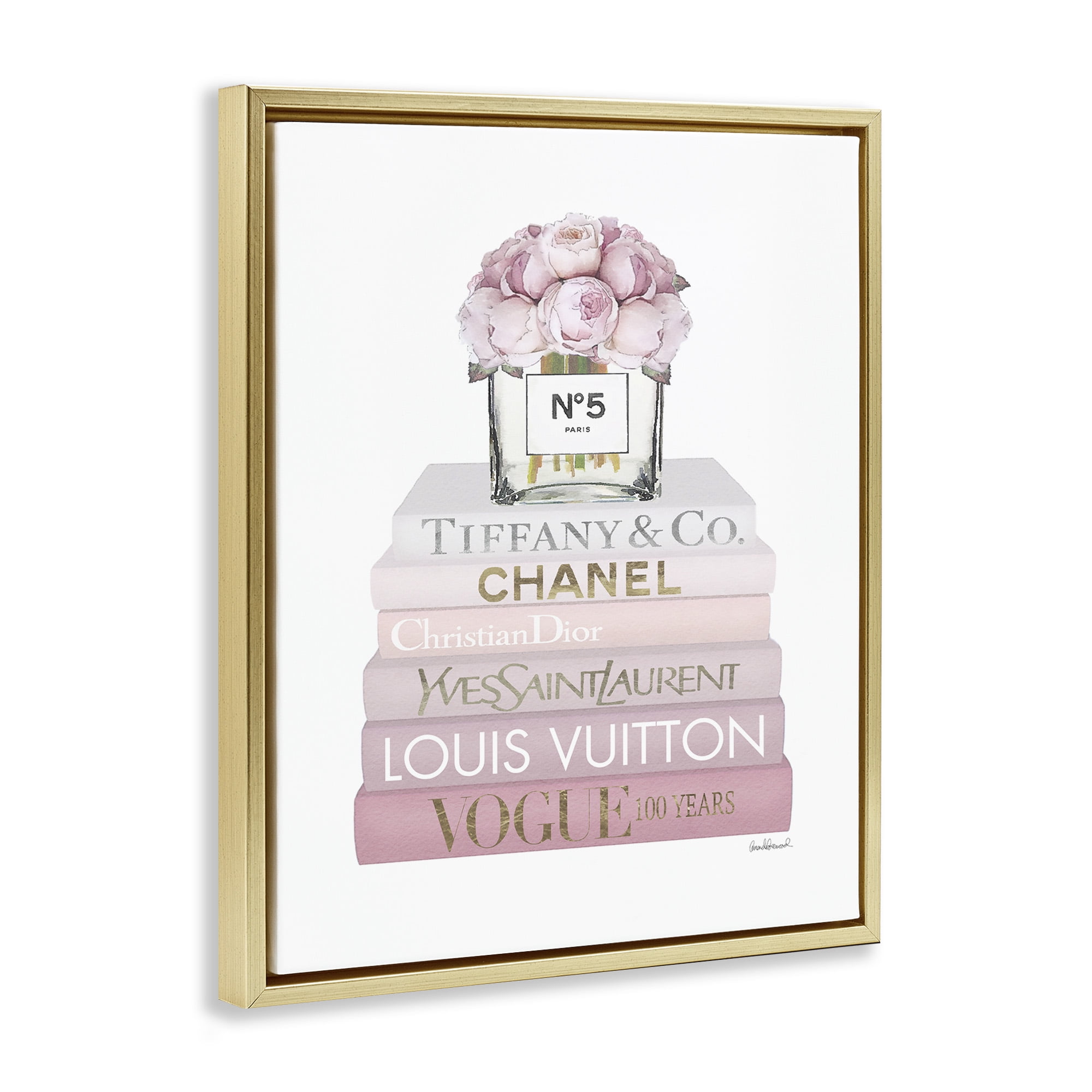 Stupell Industries Pink Rose Bouquet Bookstack Beauty & Fashion Painting Gold Floater Framed Canvas Art Print Wall Art, 25 x 31