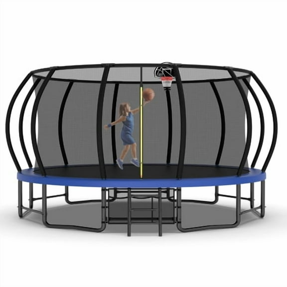 16FT Trampoline for Kids and Adults,Outdoor Pumpkin Trampolines with Curved Poles,Heavy Duty Trampoline with Ladder and Basketball Hoop,Blue