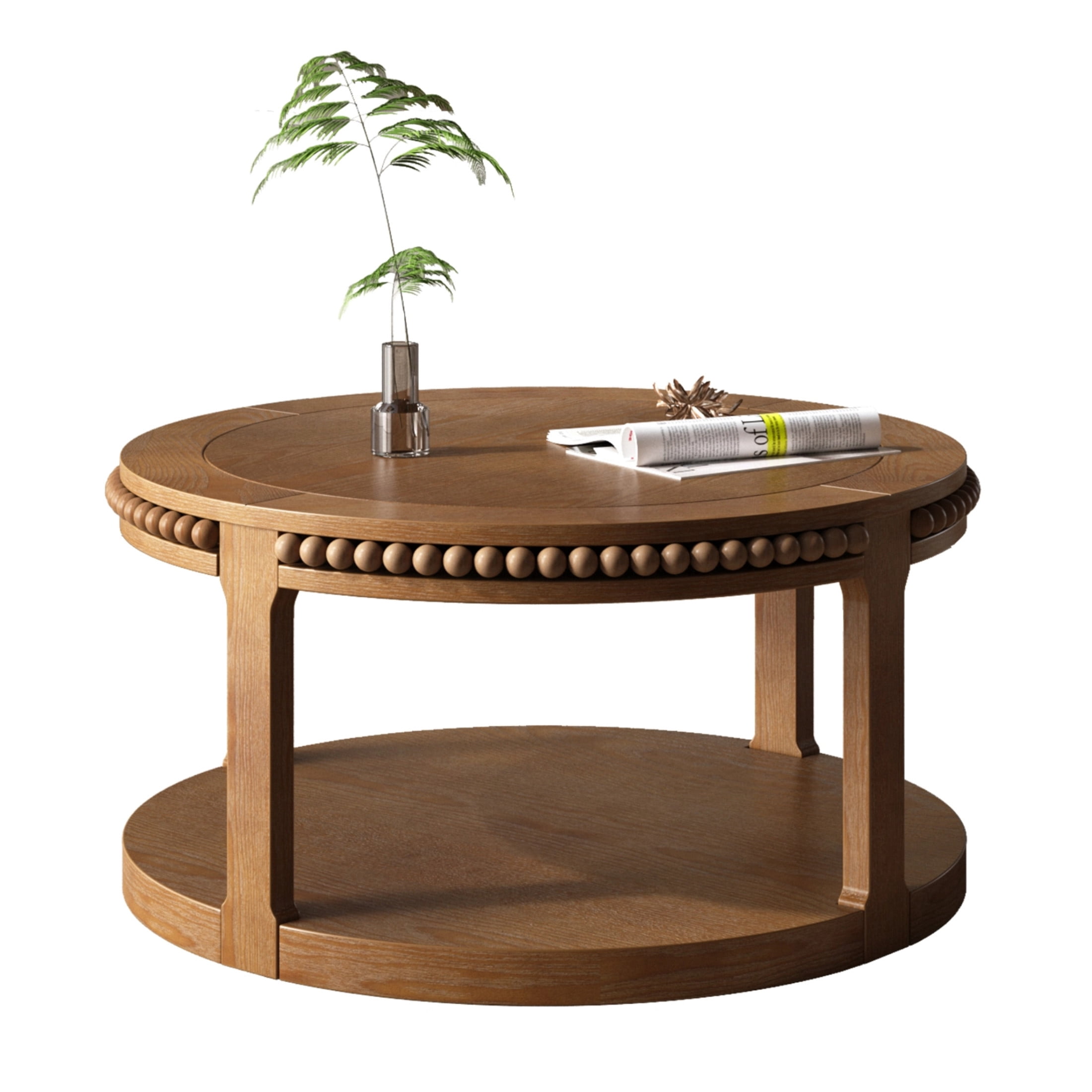 Noble House Solid Wood Round Coffee Table for Living Room,2-Tier Rustic Wood Desktop with Storage Shelf Modern Design Home Furniture, Walnut Brown