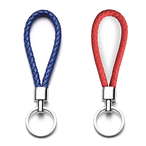 Braided Leather Chain Ring Strap Rope Car Fob Cord Holder for Silicone Case Keyring Keychain fit for Mercedes BMW Cadillac Lexus Ford Toyota Honda Chevrolet Dodge Jaguar Land Smart Key (red and blue)