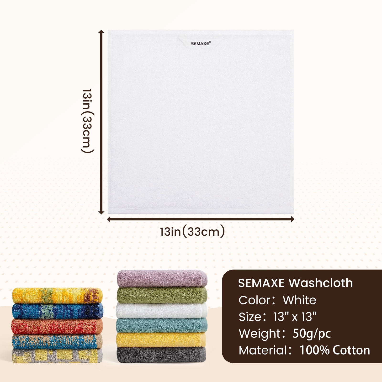SEMAXE Washcloths 12-Pack 13x13 Inch: 100% Organic Cotton Face Towels | Ultra Soft, Quick-Dry & Super Absorbent for Bathroom, Gym, Spa & Hotel | Zero Lint, Lightweight & Bulk Pack, Pattern Beach
