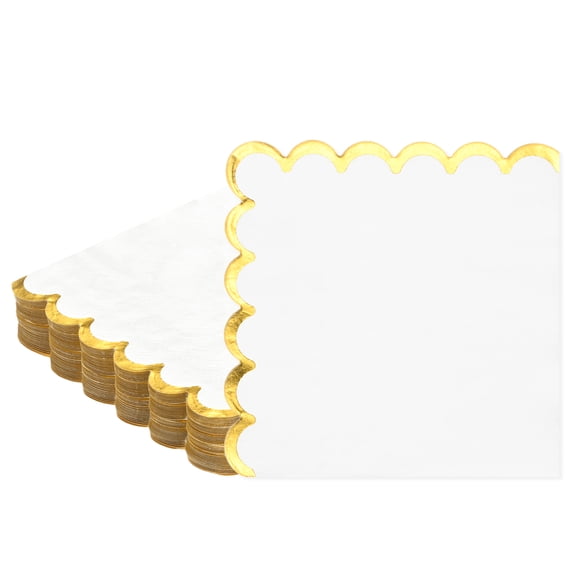 Uxcell 50Pack Gold Foil Scalloped Cocktail Paper Napkins for Parties and Events[White]
