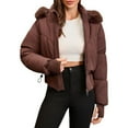thumbnail image 4 of Women's Short Belted Puffer Jacket, Faux Fur Trim Hooded Quilted Coat, Waist Cinching Winter Jacket, Warm Winter Coat, Casual Short Puffer, Belted Winter Jacket, Cozy Faux Fur Hood Brown S, 4 of 10