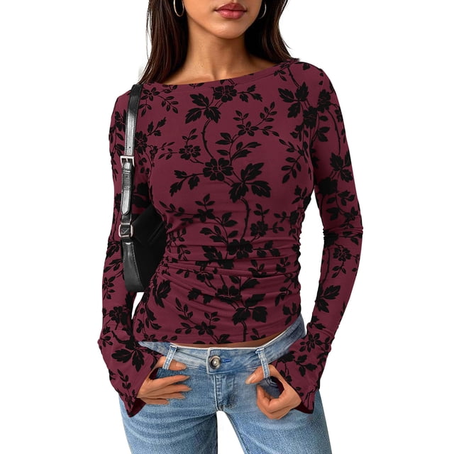 Blusa PRETTYGARDEN Mujer Manga Larga Floral de Malla Burdeos