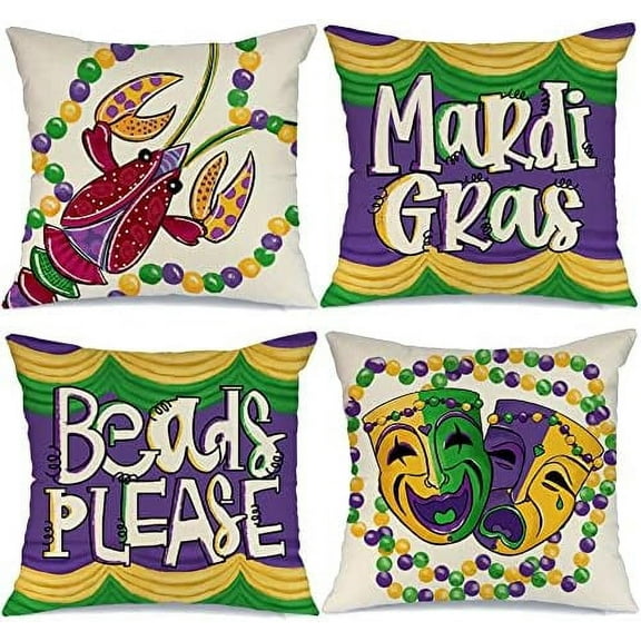 Mardi Gras Pillow Covers 18x18 Inch Set of 4 for Home Decorations Beads Eye Mask Fleur De Lis Decor Happy Mardi Gras Throw Pillows Decorative Cushion Cases Mardi Gras Decorations