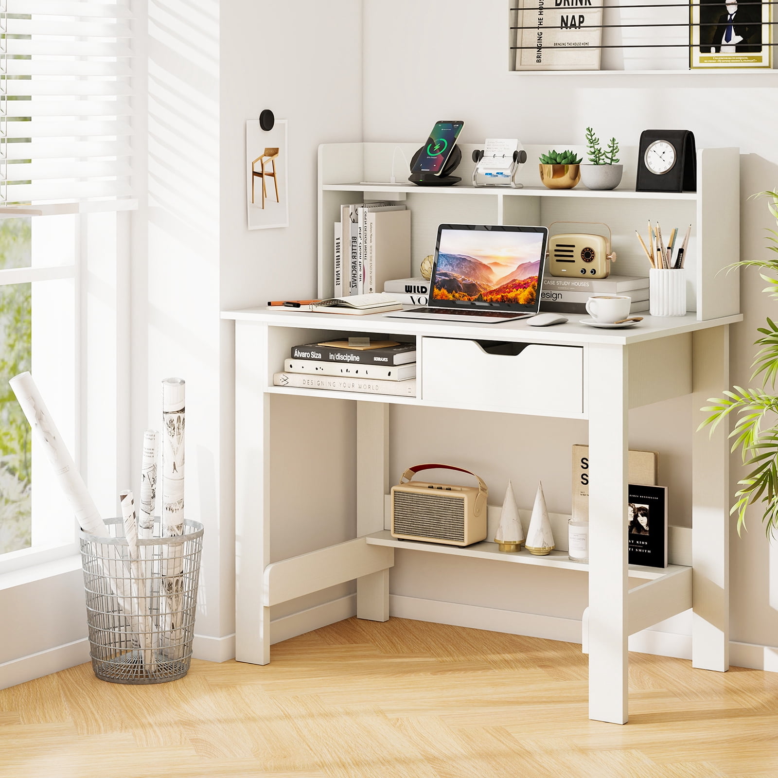 Giantex Computer Desk w/Hutch, Home Office Desk w/Power Outlets & USB Ports, Modern Laptop PC Table, White