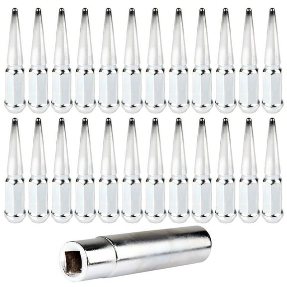 CCIYU Set of 24 Silver Spike Chrome Wheel lug Nuts   1 Key for Cadillac for Chevrolet for Ford for GMC for Hummer for Jeep for Lincoln for Ram for Toyota 1988-2017 14×1.5 Drive Close End 4.5" Tall