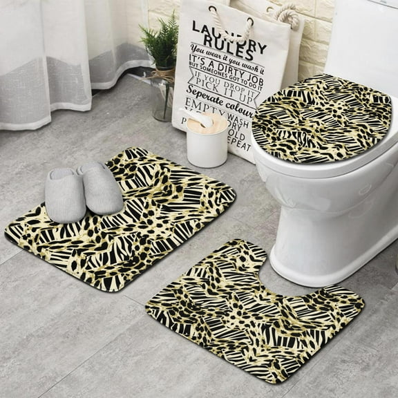 Zebra and Leopard Print Pattern Bathroom Rugs Sets 3 Piece,Toilet Cover Set,Absorbent Non Slip Bathroom Mats Sets with U-Shaped Contour Rug Toilet Rug Set