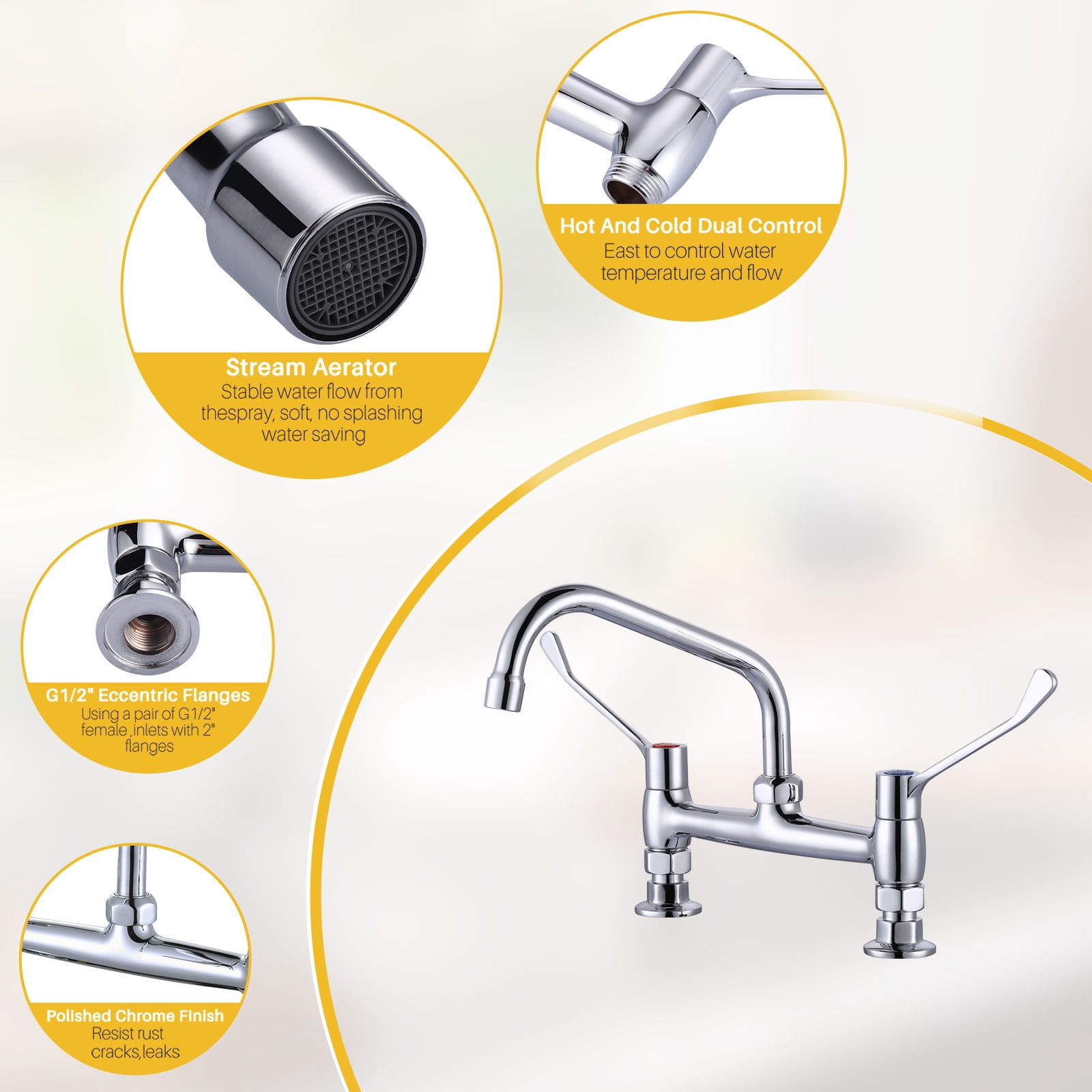 Wowow Double Handles Deck Mount Faucet with 8 in. Swivel Spout, Standard Kitchen Faucet in Polished Chrome