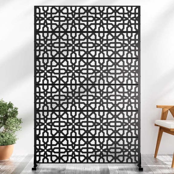 MAYEERTY Outdoor Black Metal Freestanding Privacy Panel Screen，72*47" Geometric Hollow - Out Pattern