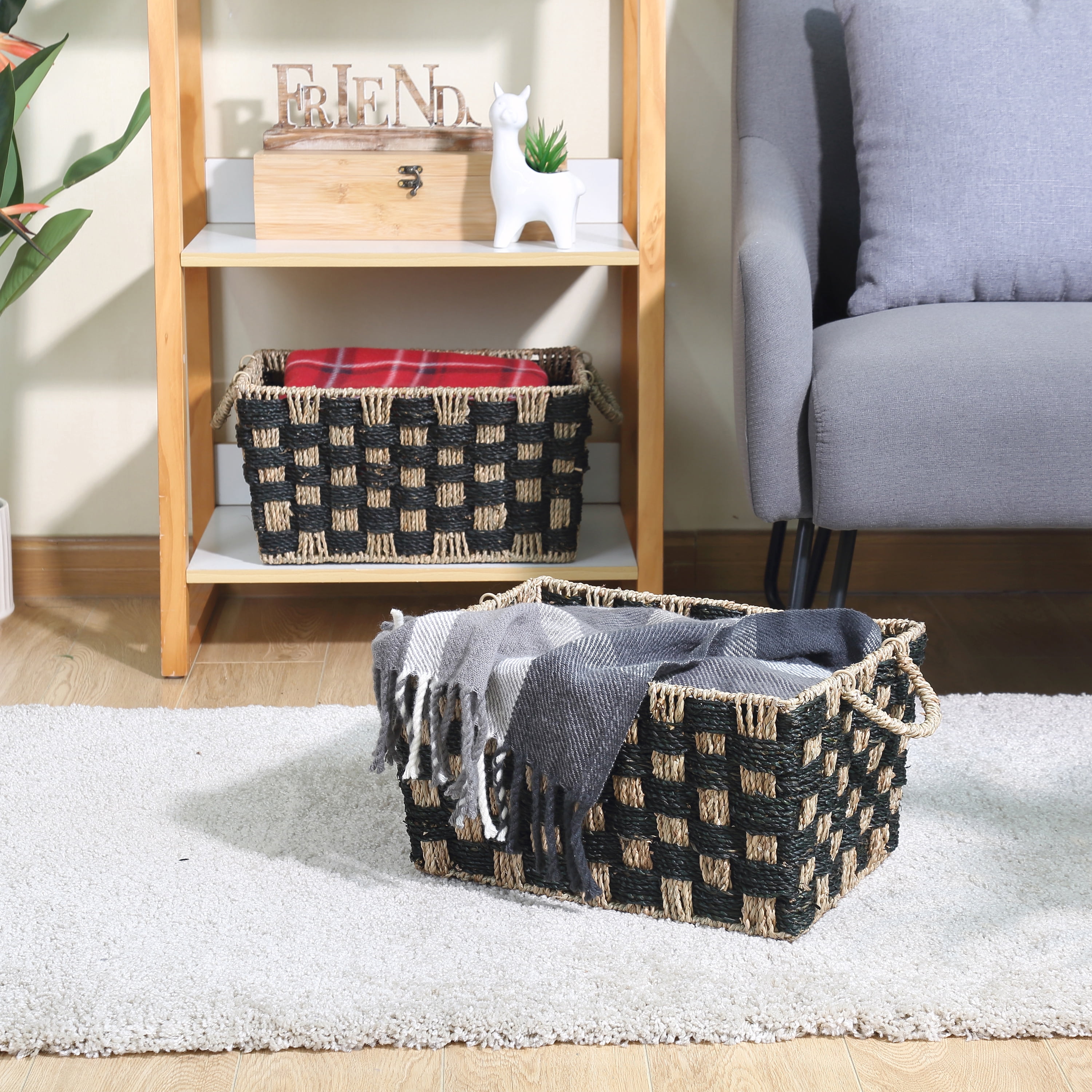 Better Homes & Gardens Large Rectangle Checkered Seagrass Storage Basket with Handles, 2 Pack
