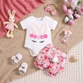 thumbnail image 2 of Douhoow 2Pcs Baby Girl Easter Outfit Infant Bunny Print Short Sleeve Romper+ Pink Flower Shorts+Bow Headband, 2 of 9