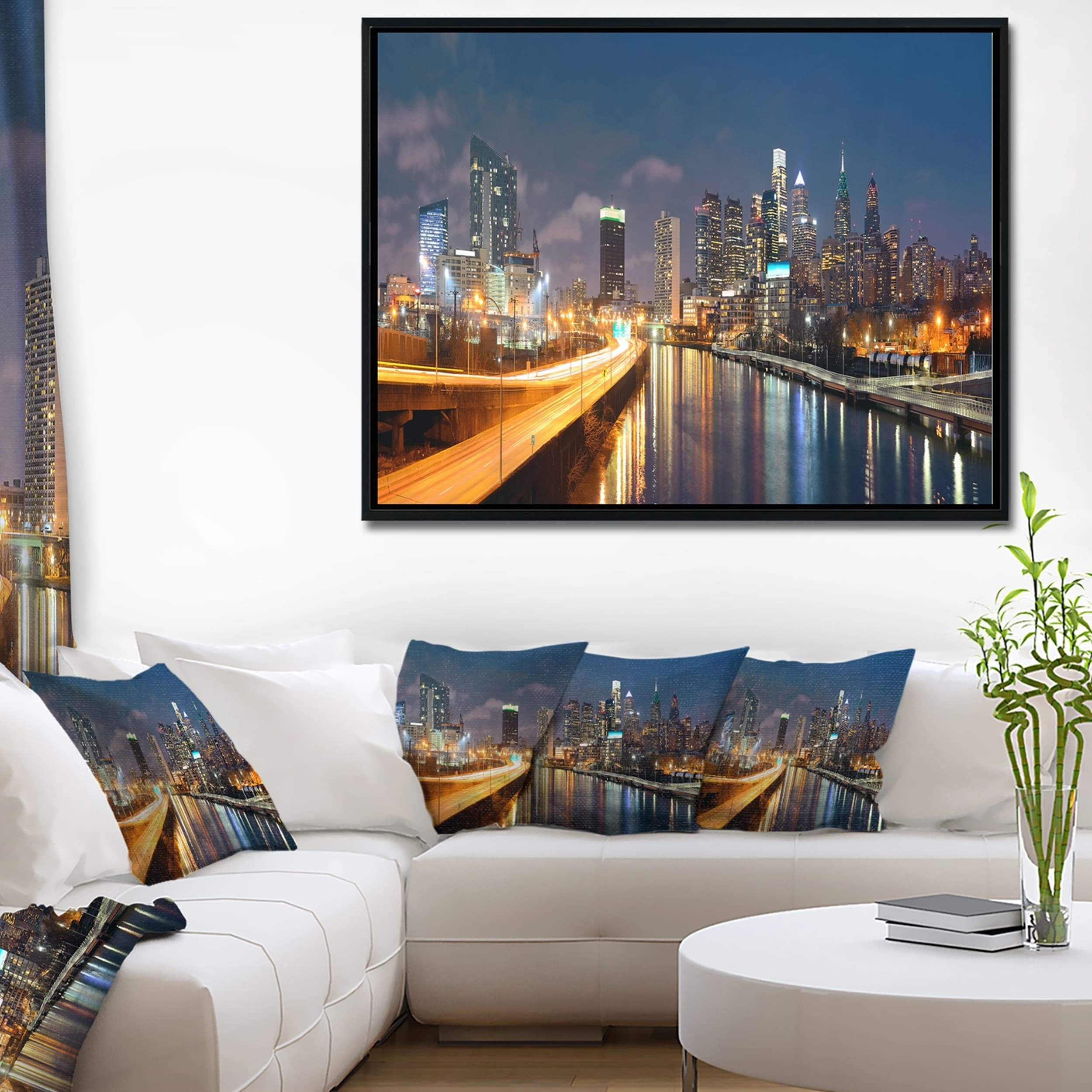 Design Art Philadelphia Skyline at Night Framed Canvas Art Print