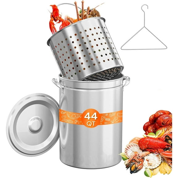 44QT Stainless Steel Seafood Boil Pot with Strainer Basket, Lid & Hook, Versatile Stock Pot for Crab, Lobster, Shrimp Boiling, Heavy-Duty Turkey Fryer for Outdoor Cooking & Gatherings