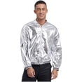 thumbnail image 3 of TiaoBug Men's Metallic Shiny Bomber Jacket Long Sleeve Button Down Shirts 70s Disco Costume Silver L, 3 of 7