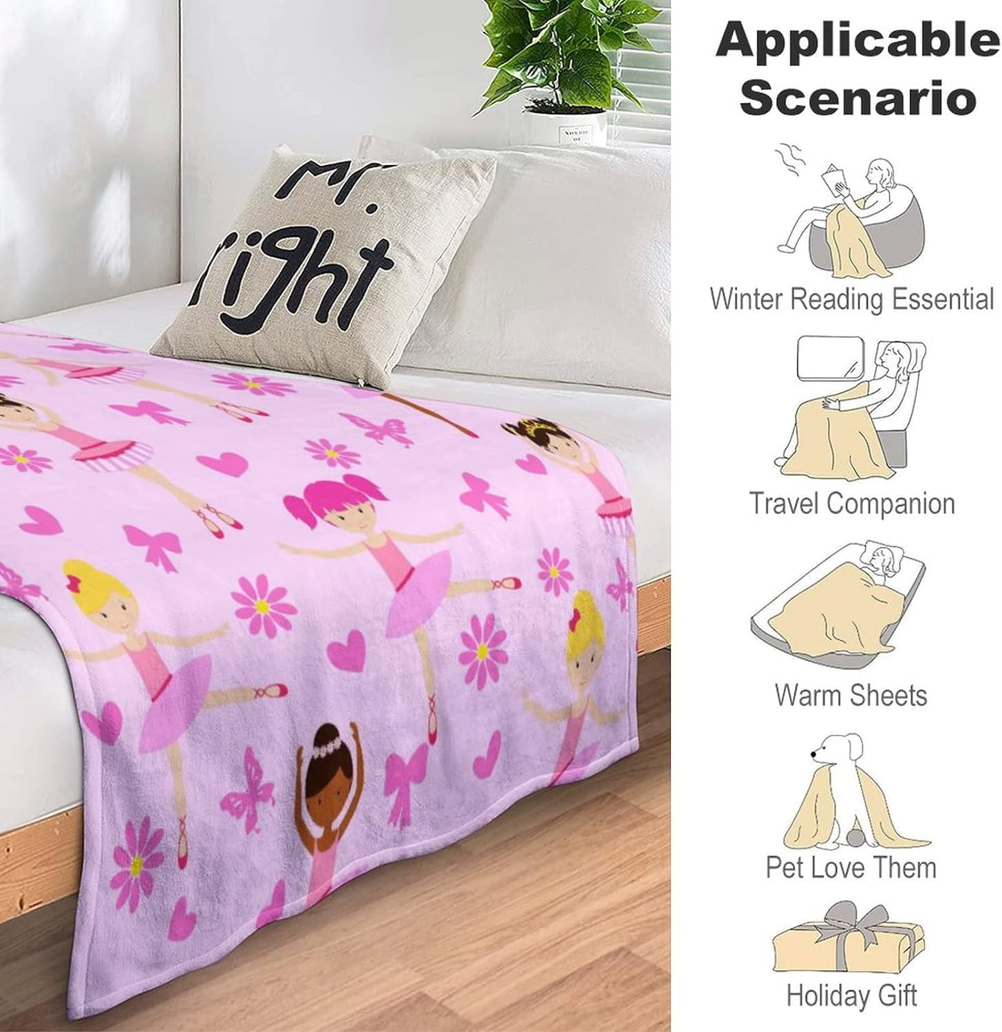 Cute Girl Ballerina Blanket Super Soft Warm Flannel Throw Blankets Dance Blankets for Sofa Couch Bed Decoration Girls Adult All Season Gifts 50"x40"