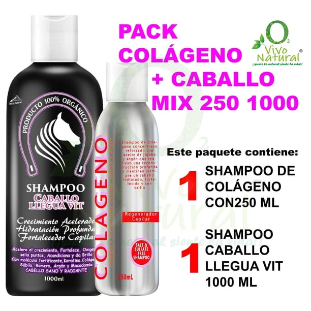COLÁGENO + CABALLO MIX 250 1000 VIVONATURAL. 1 Shampoo de Colágeno Regenerador Capilar VIVONATURAL de 250 ml + 1 Shampoo Caballo LleguaVit VIVONATURAL DE 1000 ml