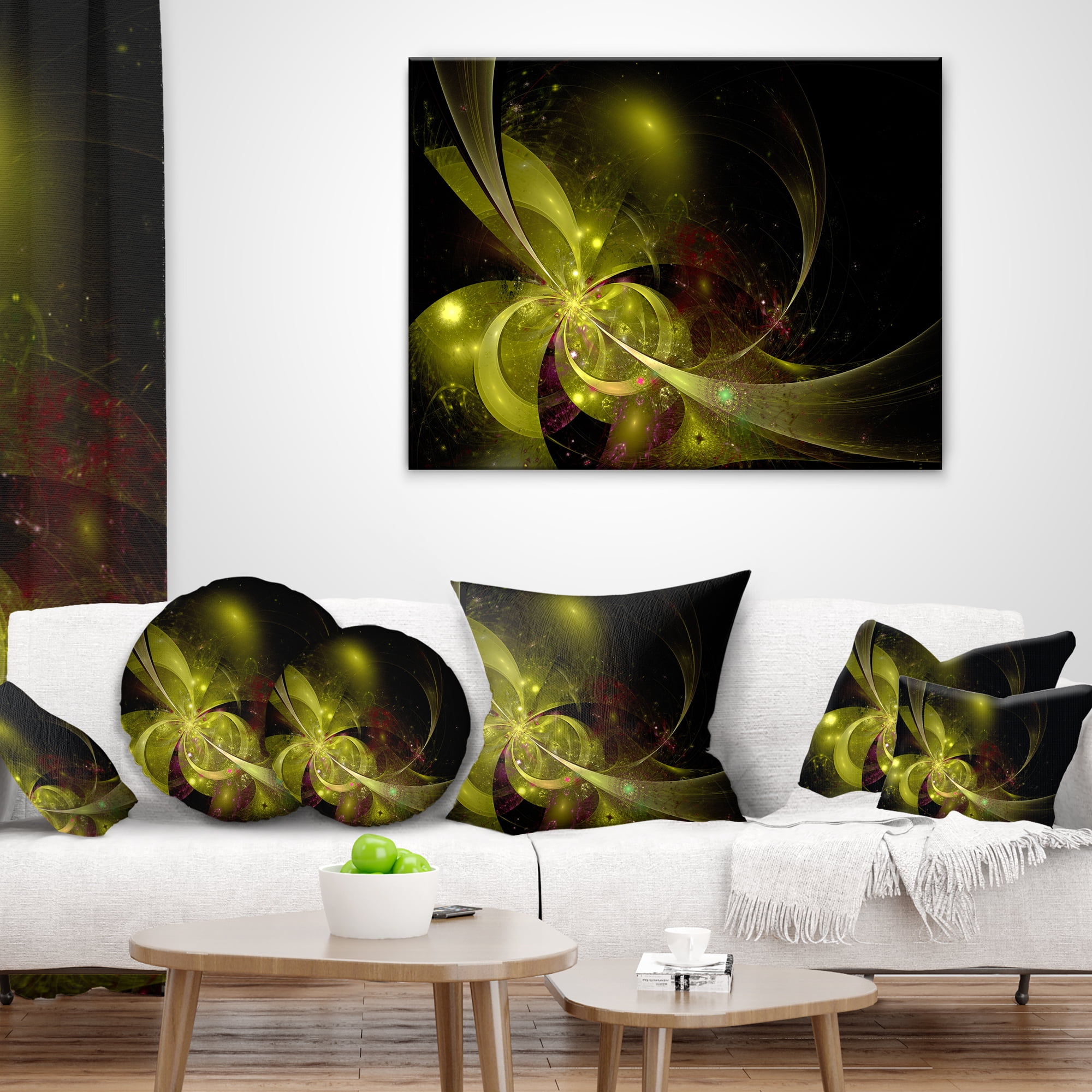 Designart Symmetrical Soft Gold Fractal Flower - Floral Throw Pillow - 18x18