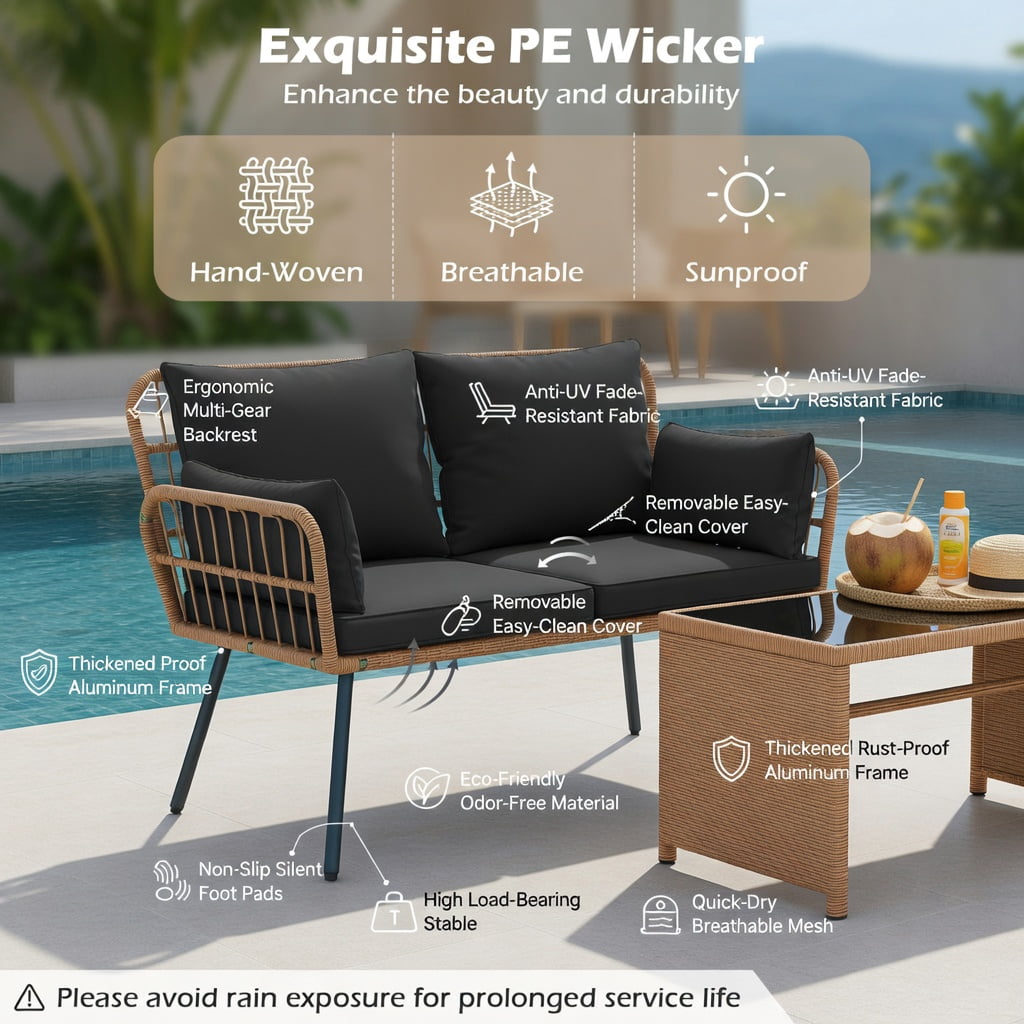 Hommoo Hommoo 2-Seat Outdoor Wicker Loveseat with Cushions, Heavy-Duty Steel Frame, PE Rattan Patio Chair for Backyard, Deck or Balcony, Black