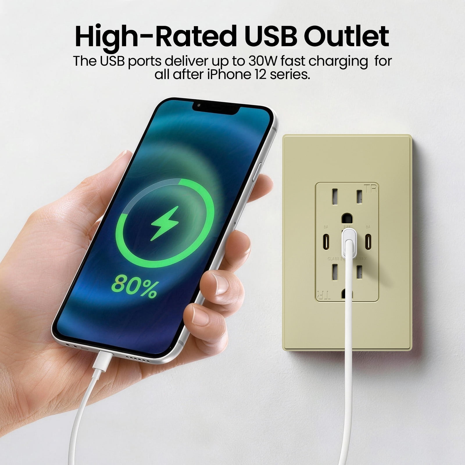 ELEGRP 30W 6.0 Amp 3-Port USB Wall Outlet, 15A Duplex Receptacle with Dual Type C & A Ports,UL Listed,w/Srewless Wall Plate, Matte Ivory 1PC