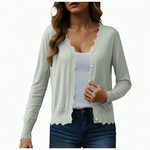 Splozh Women's Sweater Knit Cardigan Women Cardigan with Buttons and V Neck Lightweight Fall Cardigan Women Elegant with Lace Silver,L