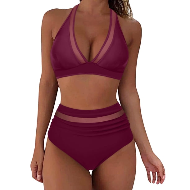 Gibobby Conjunto de bikini para mujer Bikini de cintura alta para mujer, bañadores sexys de dos piezas con realce, traje de baño Vintage, conjunto de Bik(Vino,G)