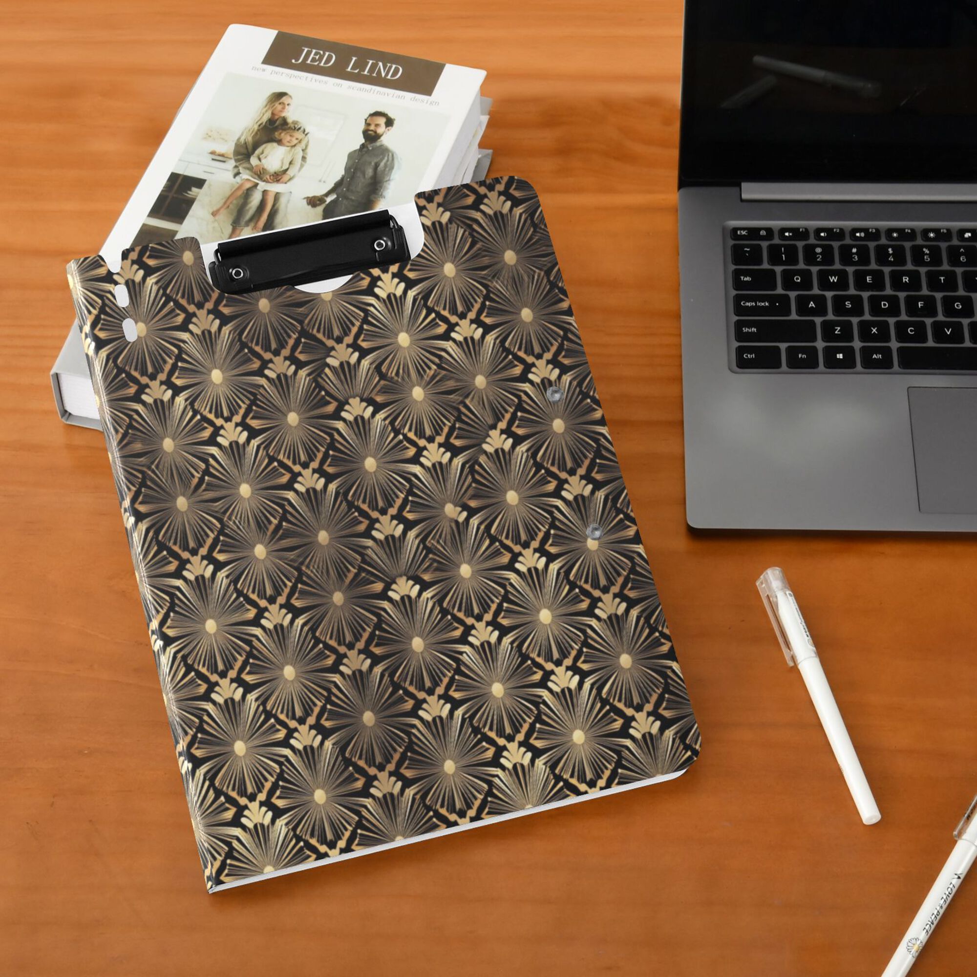 FORMRS A4 Clipboard Folder with Pen Holder Horizontal Foldable School Office Binder, Black Floral Pattern