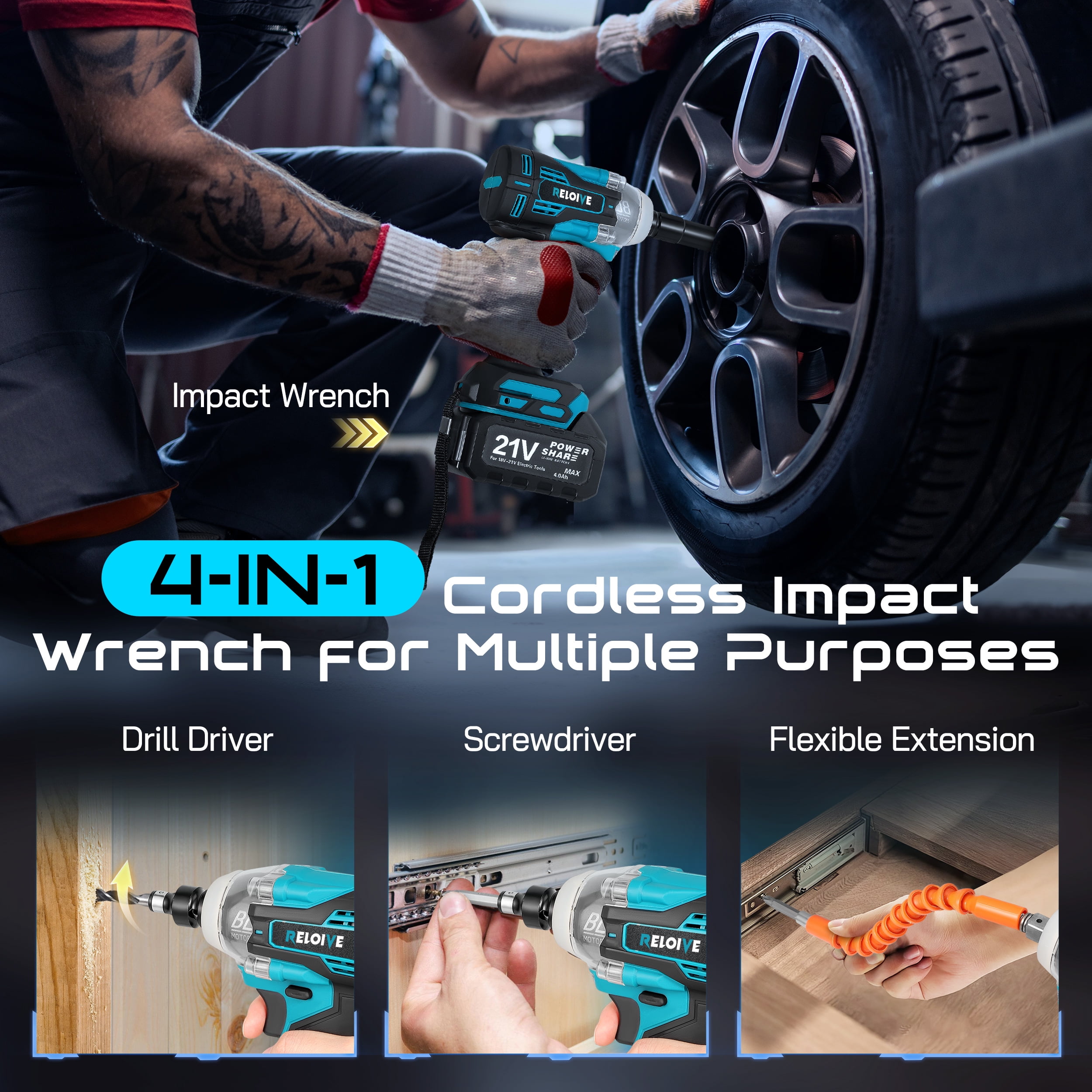 RELOIVE Cordless Impact Wrench Kit, 590 ft-lbs(800 N.m) Max Torque,1/2" Heavy-Duty Brushless Motor,2 x 4.0Ah Batteries, 2-Speed Settings with Stepless Adjustment, for Automotive, Tire, Home Repair