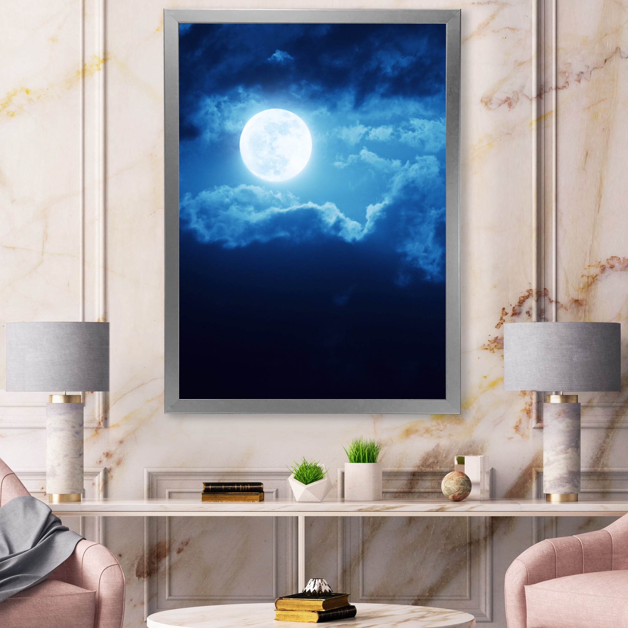 Designart 'Full Moon Night in Cloudy Sky III' Nautical & Coastal Framed Art Print