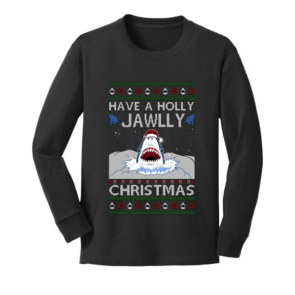 Wild Bobby Have a Holly Jawlly Christmas, Cute Shark Christmas Sweater | Holiday Youth Longsleeve Shirt