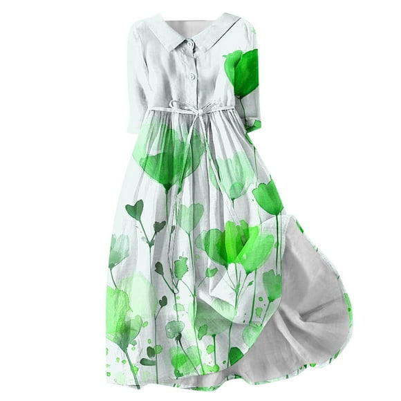 Women's Clearance Floral Boho Lapel V Neck Button Flowy Fall Dress Workout Fashion 3/4 Sleeve Spring Elegant Casual Drawstring Summer Tea Length A Line Dress Green S