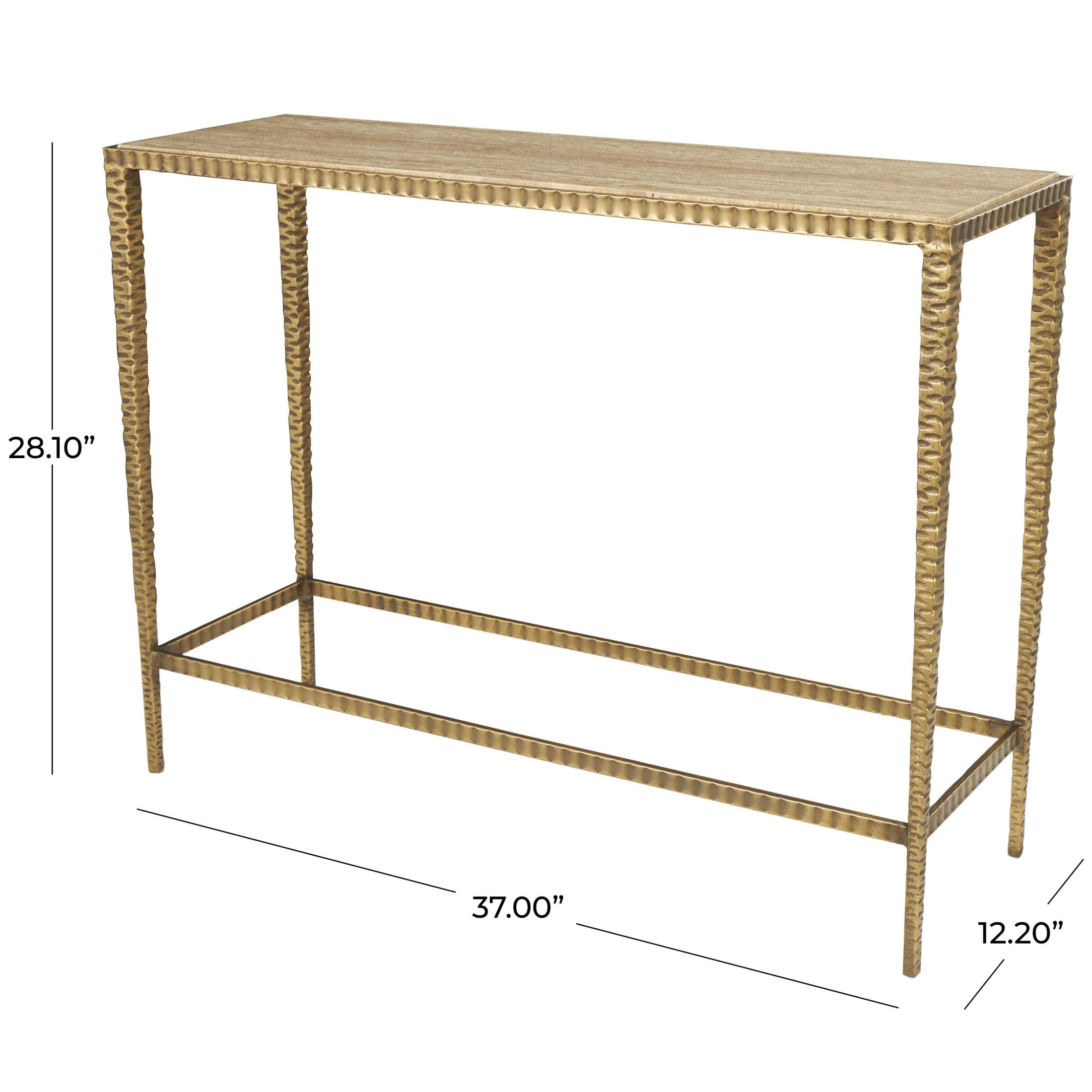 DecMode 37" x 28" Beige Marble Slim Rectangular Console Table with Hammered Gold Metal Legs, 1-Piece