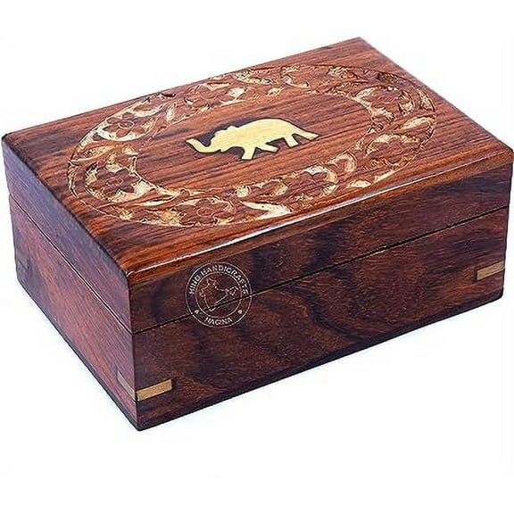 Hind Handicrafts Handmade Wooden Brass Elephant Inlaid Engraved Handcarved Jewellery Box / Urn for Women-Men Jewel - Storage & Organiser (6" x 4" x 2.5", Antique Whitewashed)