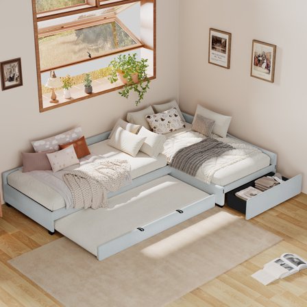 Euroco Modern Upholstered L-Shaped Twin Daybed with Drawer and Trundle, Three Beds in One for Kids, Beige